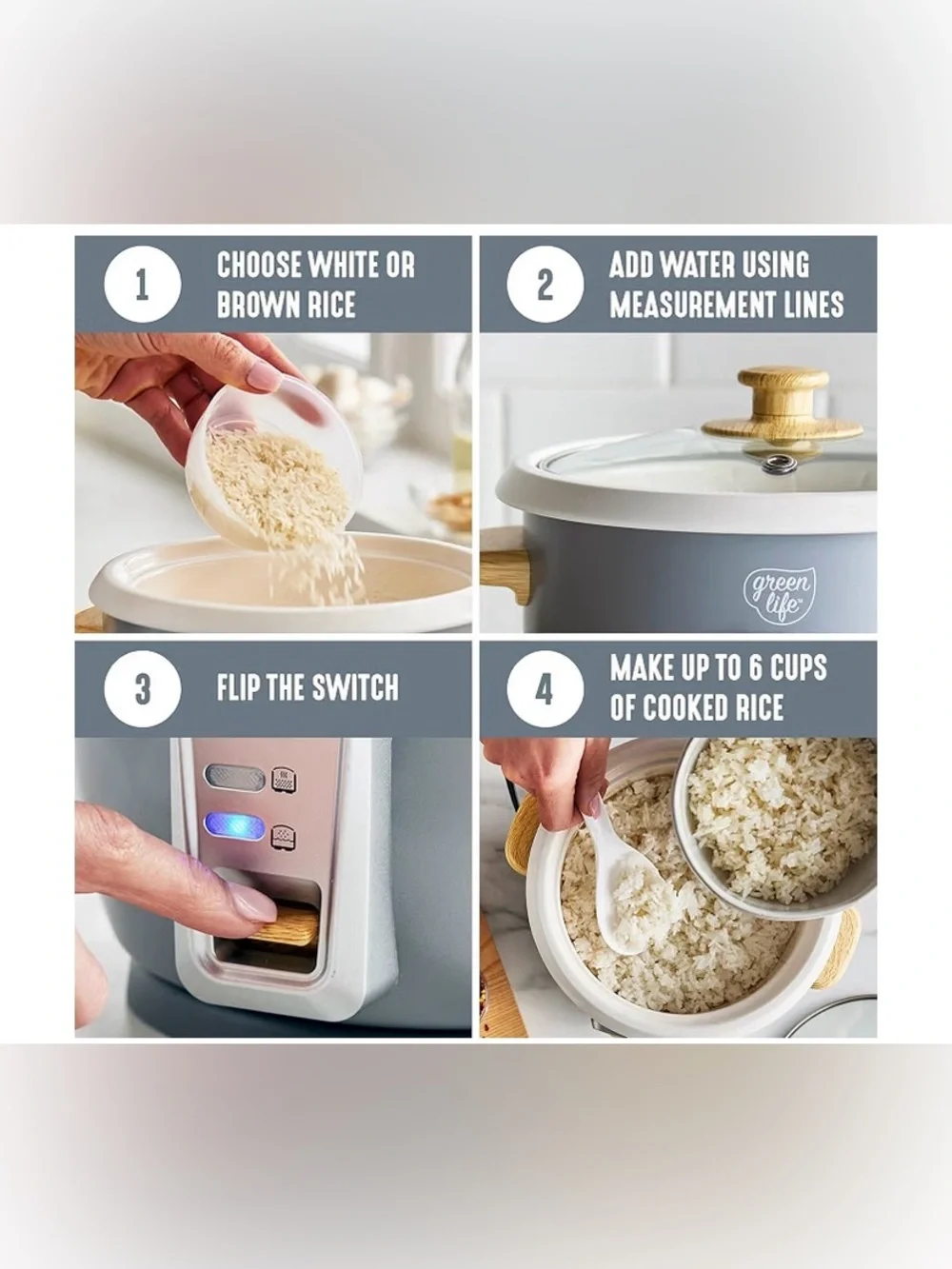 GreenLife Rice Cooker, 3-Cups Uncooked/6-Cups Cooked, Gray New